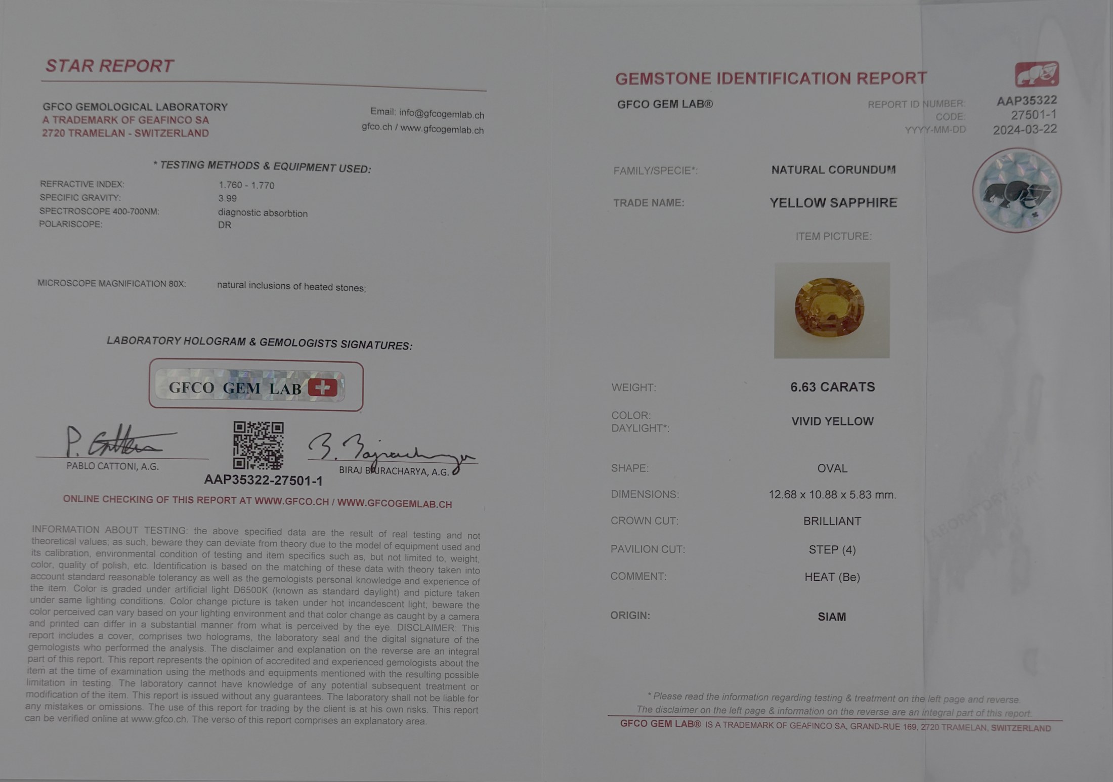 Certified Natural Siam Yellow Sapphire 6.63 Carats - Vivid Yellow Oval Cut GFCO Gem Lab Report