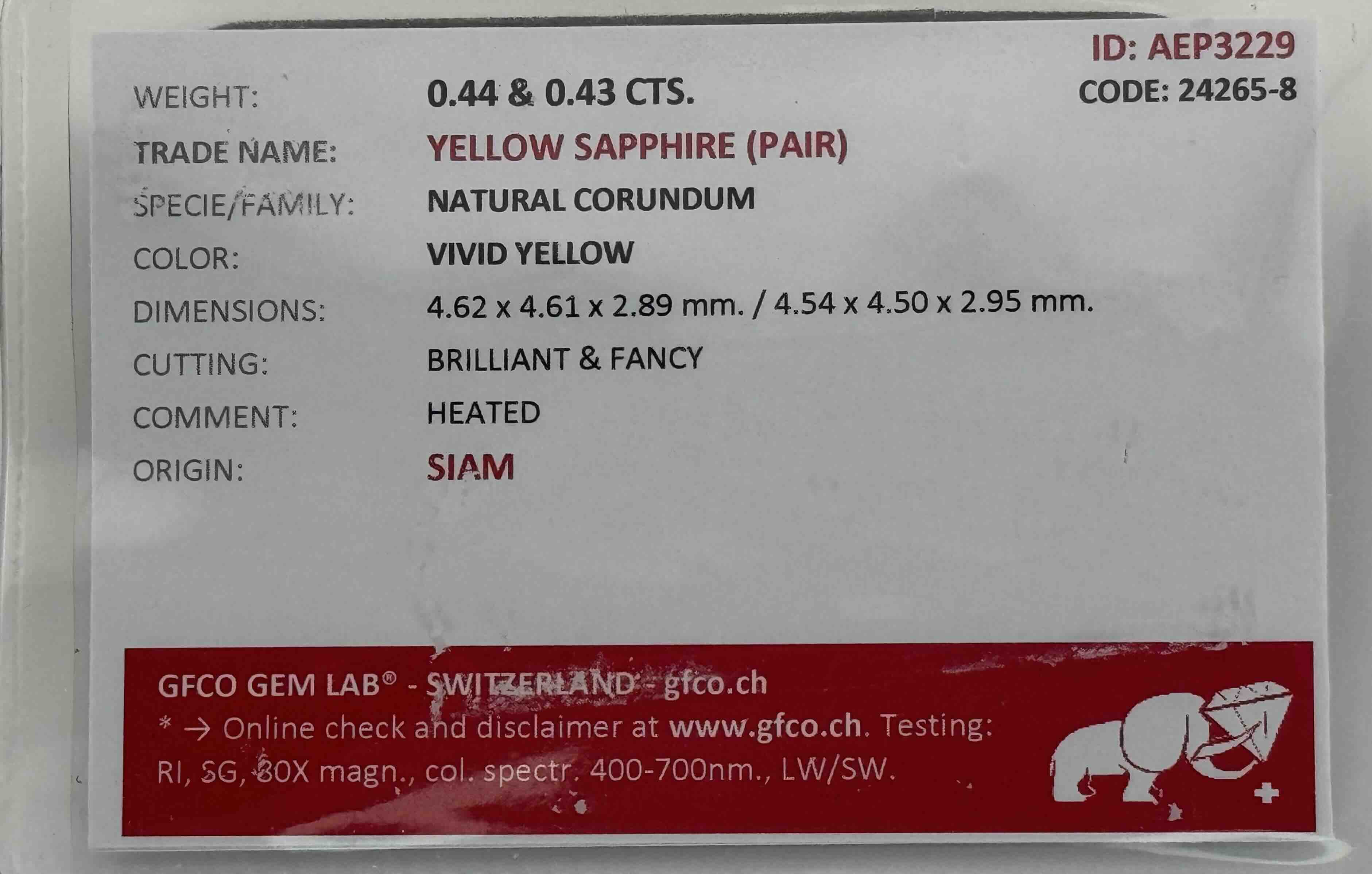 0.87 ctw Certified Natural Siam Yellow Sapphire Pair (0.44 ct & 0.43 ct) - Vivid Yellow Round Brilliant Cut (GFCO Swiss Certified)