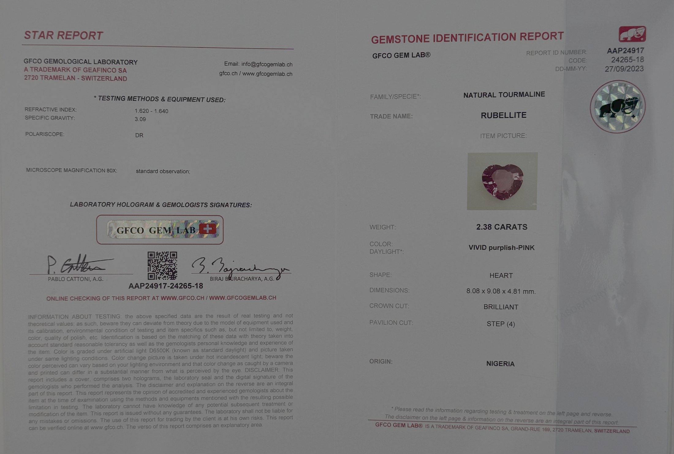 2.38-Carat Certified Natural Rubellite Tourmaline - Vivid Purplish-Pink Heart Cut from Nigeria (GFCO Swiss Lab Certified)