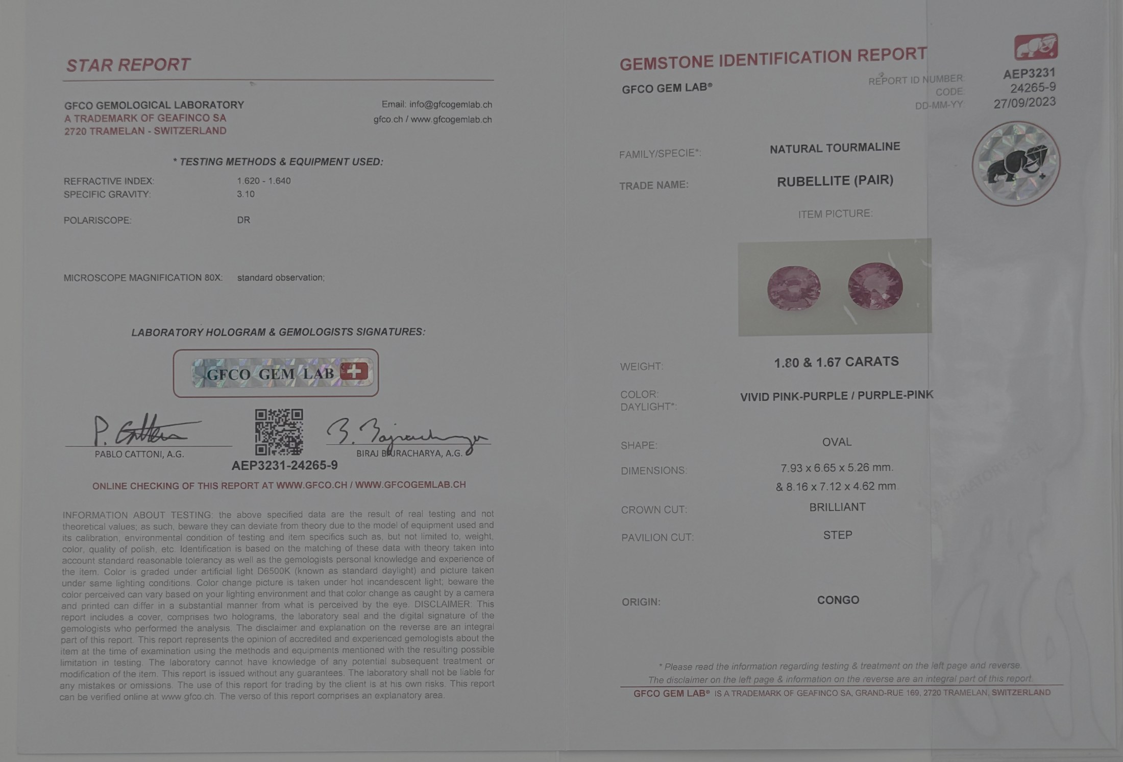 3.47 ctw Certified Natural Pink Rubellite Pair (1.80 ct & 1.67 ct) - Vivid Pink-Purple Oval Cut from Congo (GFCO Swiss Certified)