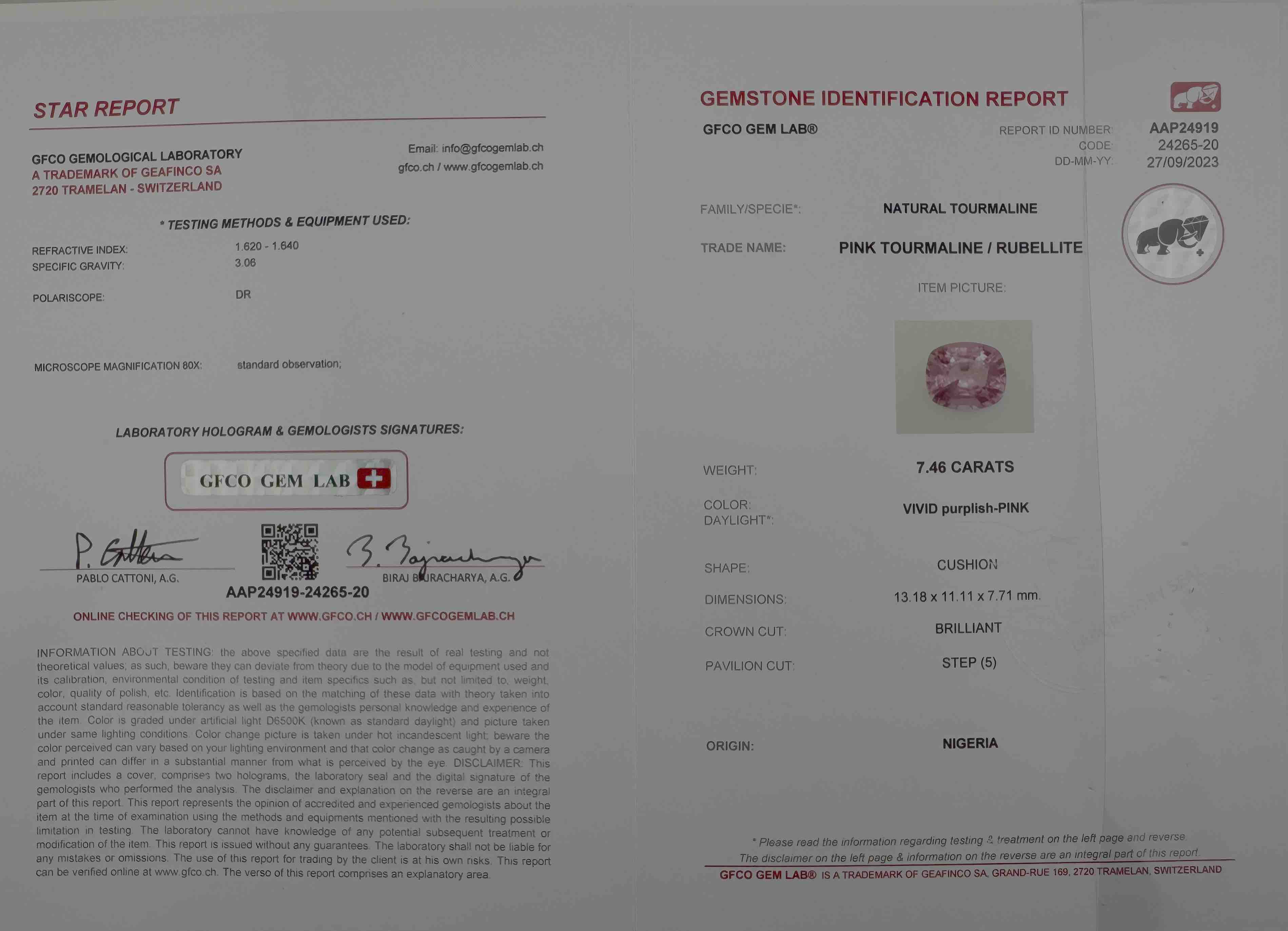 Investment-Grade 7.46-Carat Certified Natural Pink Tourmaline / Rubellite - Vivid Purplish-Pink Cushion Cut from Nigeria (GFCO Swiss Certified)