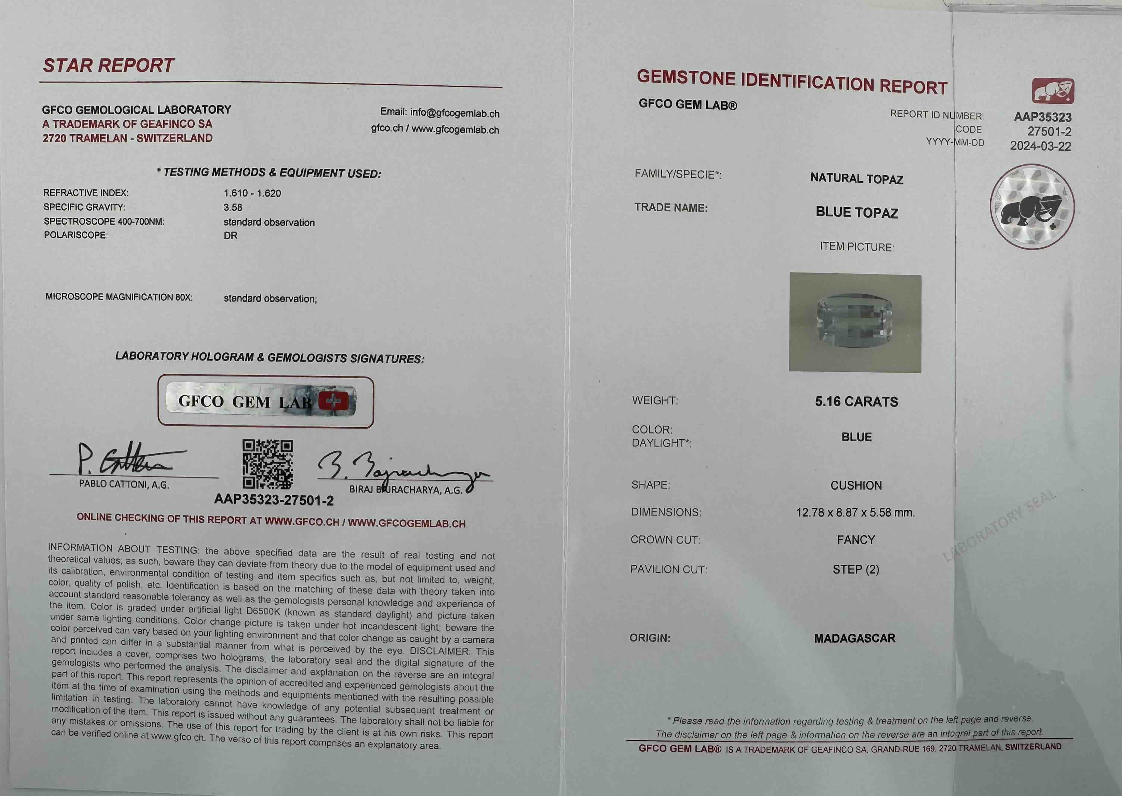 5.16-Carat Certified Natural Blue Topaz - Luminous Blue Cushion Cut from Madagascar (GFCO Swiss Certified)