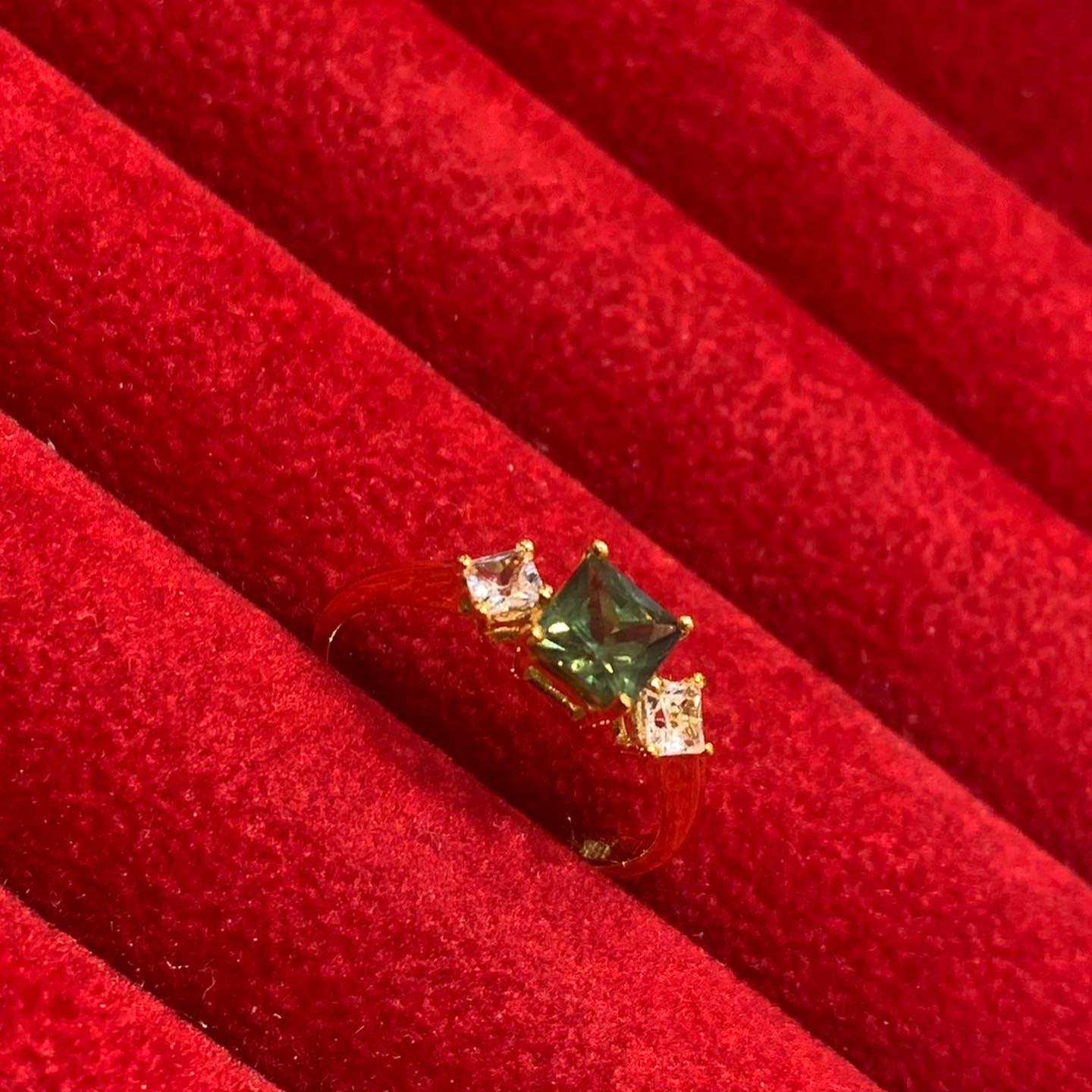 Green Sapphire & White Zircon Three-Stone Ring