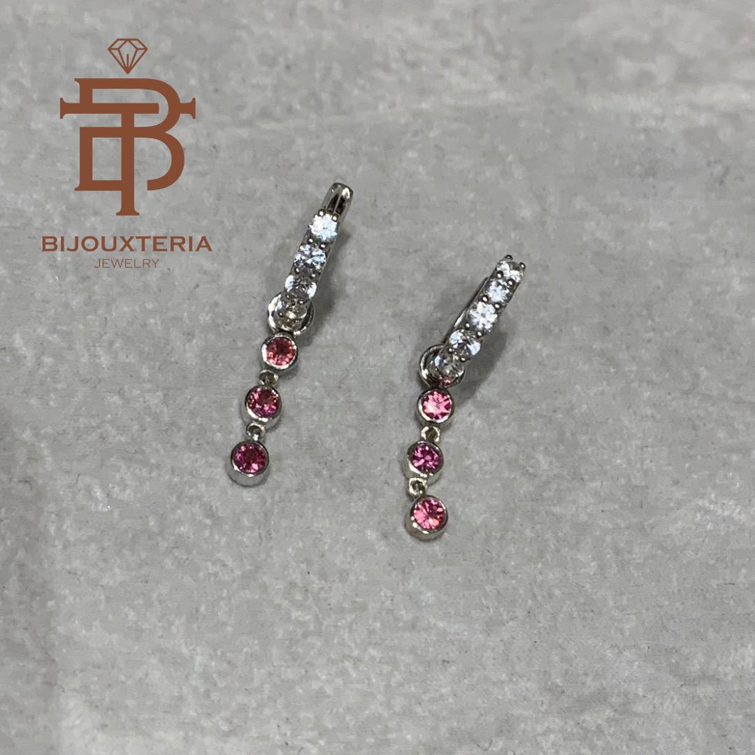 Two-Tone Pink Gemstone & White Zircon Dangle Hoop Earrings