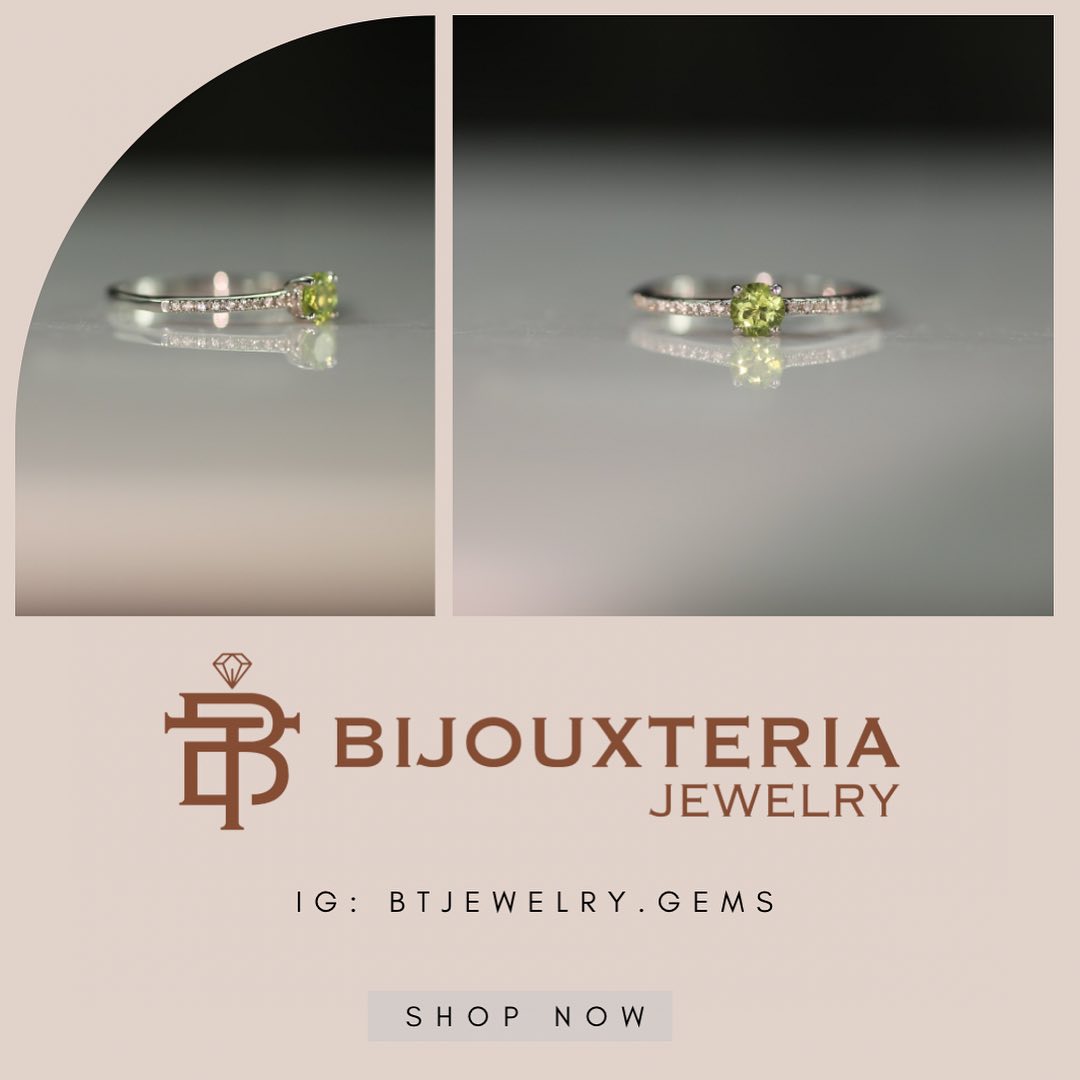 Round Light Green Gemstone Halo Solitaire Ring with Pave Band
