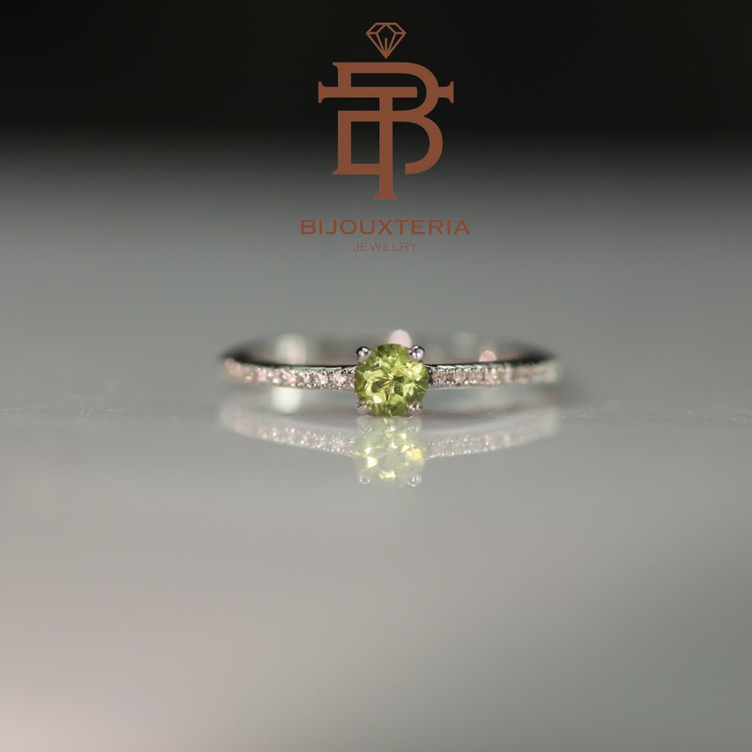 Round Light Green Gemstone Halo Solitaire Ring with Pave Band