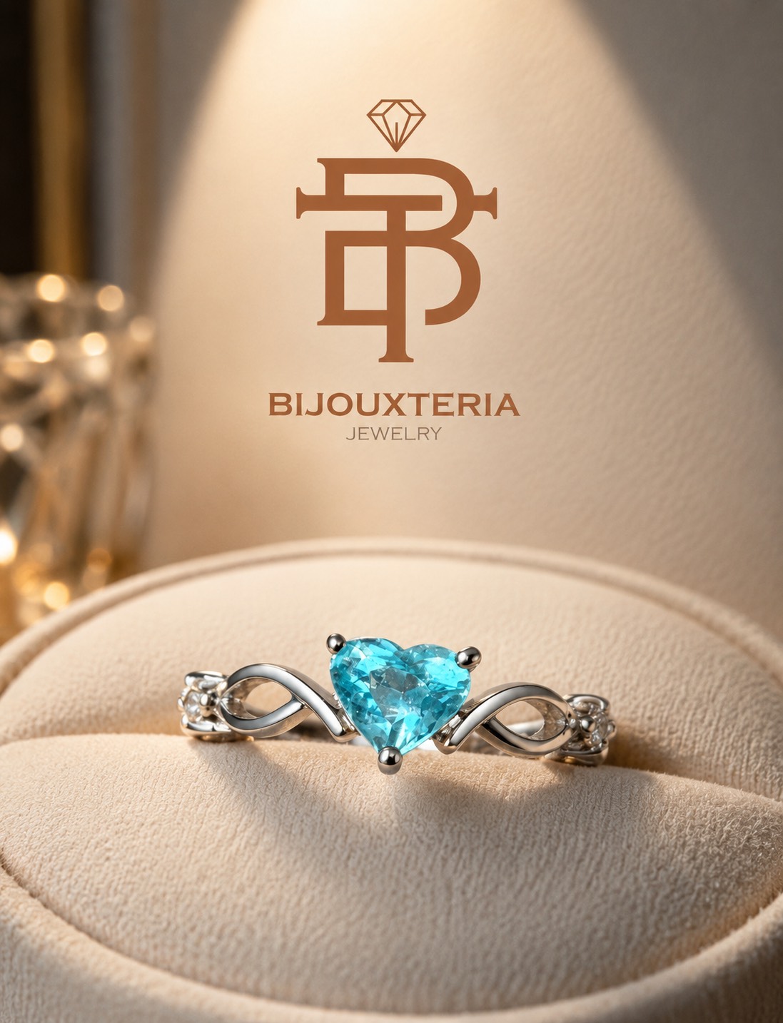 Elegant Slender Shank Ring Featuring Heart Brilliant Cut Teal Blue Gemstone and Infinity Accents