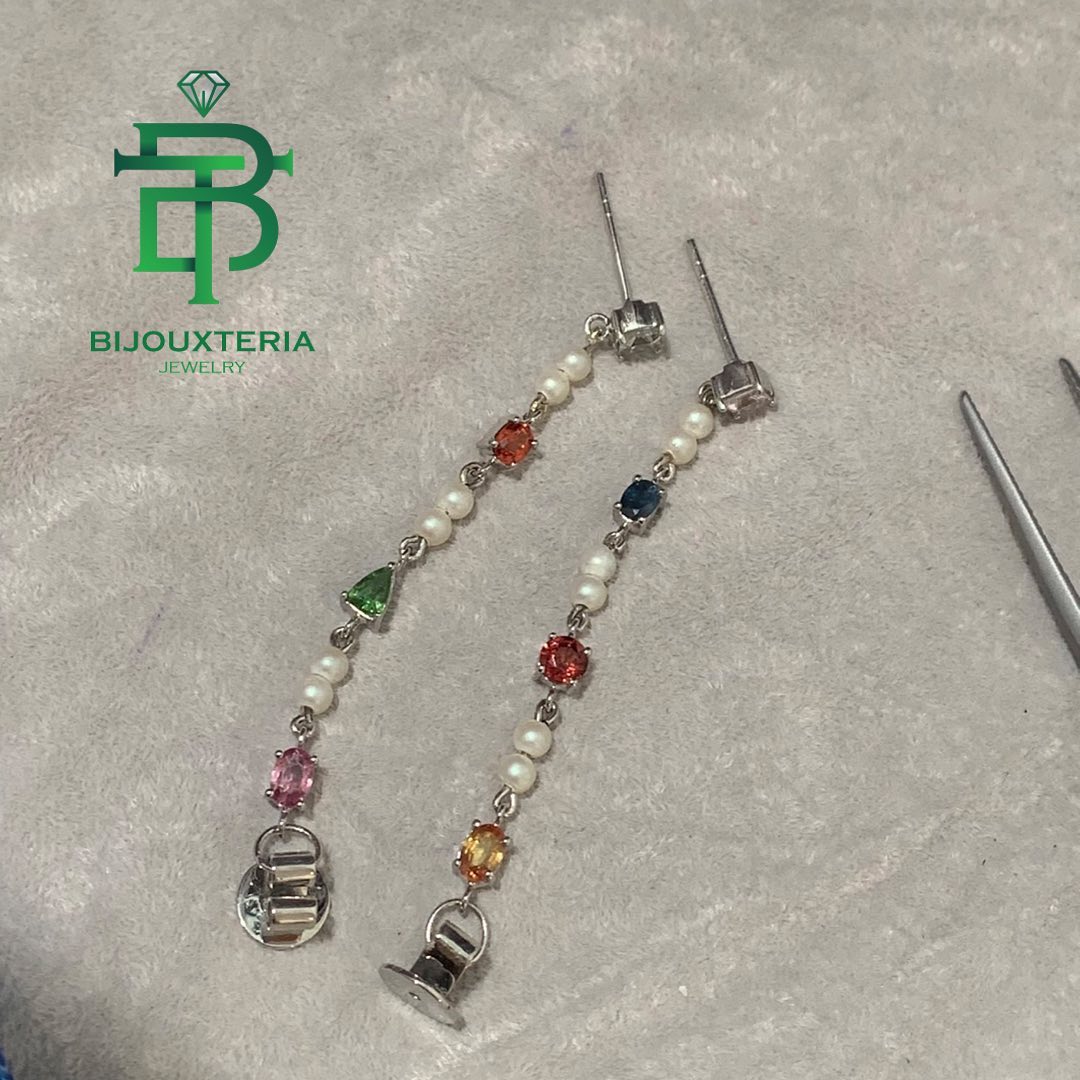 Multi-Color Fancy Gemstone and Seed Pearl Linear Drop Earrings Custom-made
