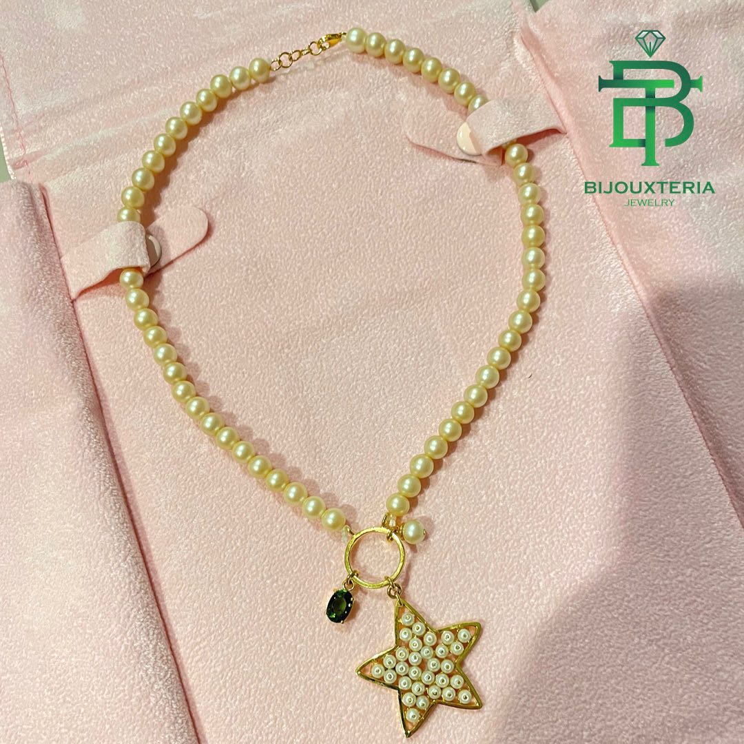 Pearl Necklace with Seed Pearl Star and Green Gemstone Charm Custom-made
