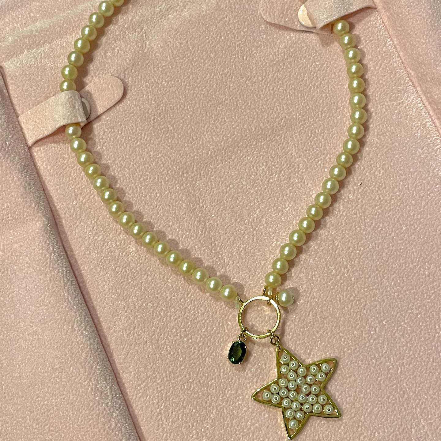 Pearl Necklace with Seed Pearl Star and Green Gemstone Charm Custom-made