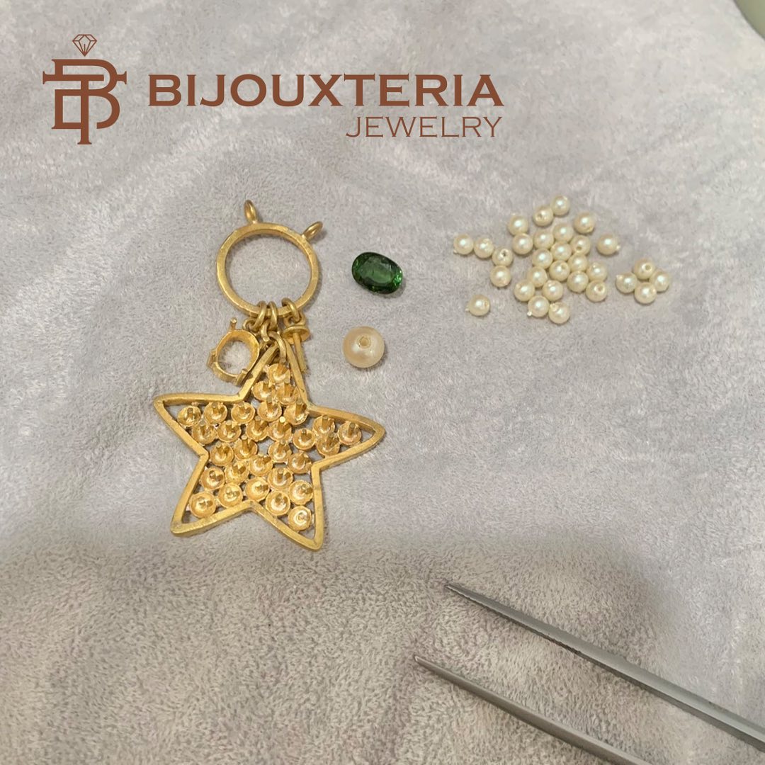 Pearl Necklace with Seed Pearl Star and Green Gemstone Charm Custom-made
