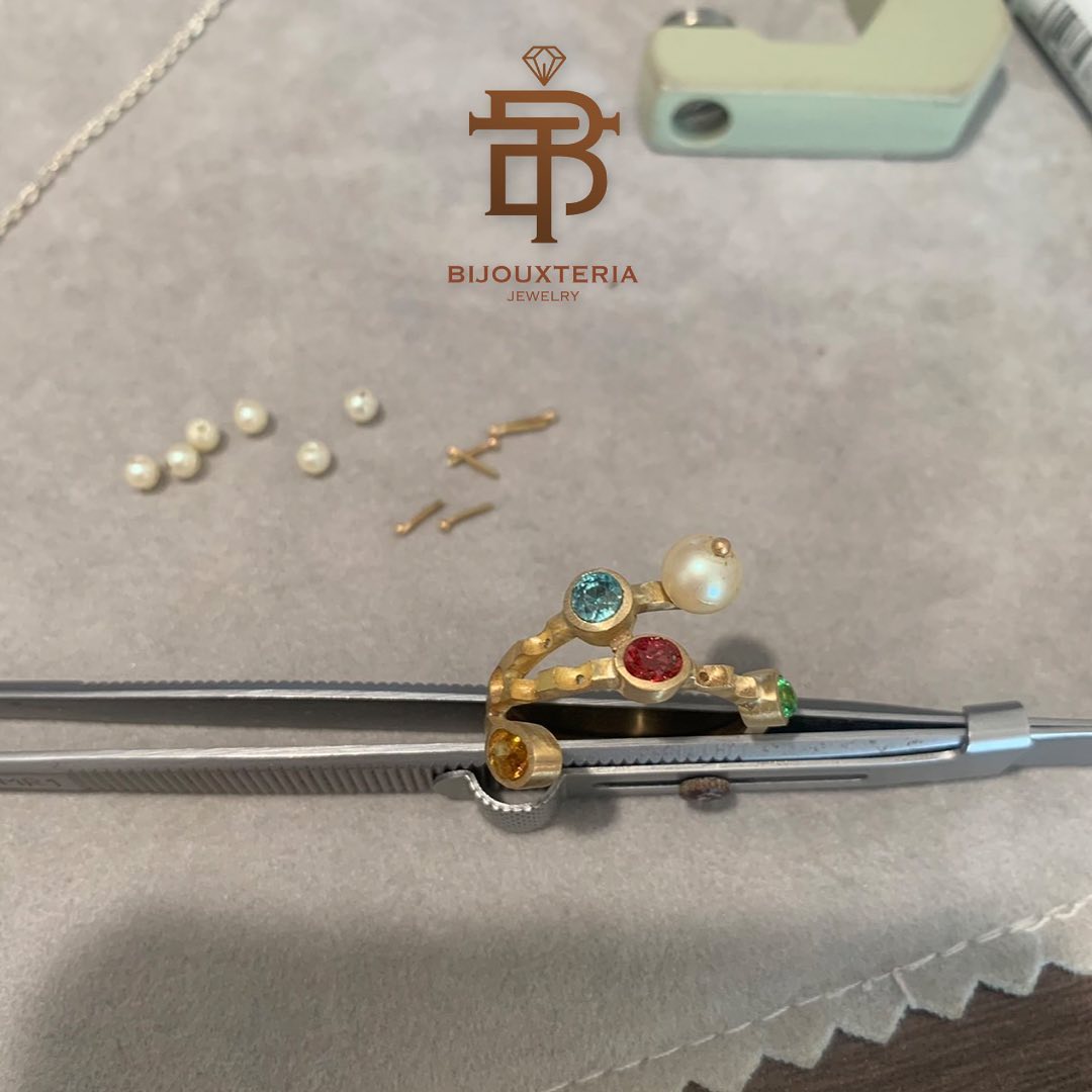 Contemporary Mixed Gemstones and Pearl Cluster Ring Custom-made