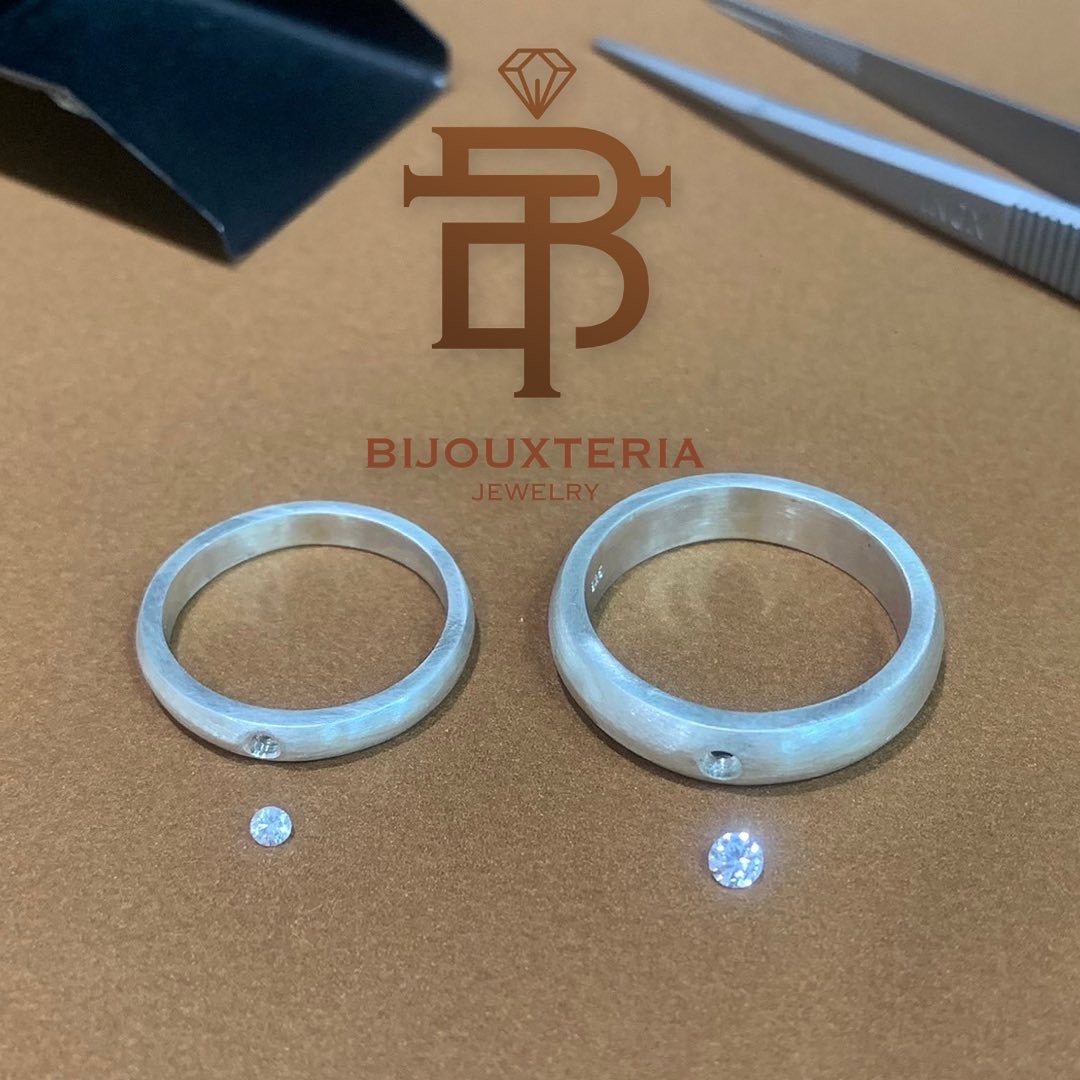 Polished Silver-Tone Couple Rings with Single Inset Diamond Accent