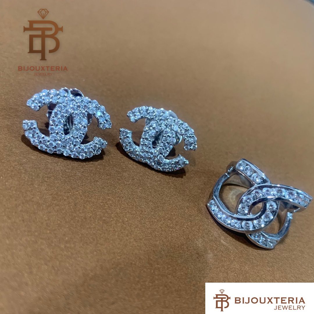 Luxury CC-Inspired Logo Earrings & Ring Set - 925 Silver White Gold Plated Pave Diamond Jewelry