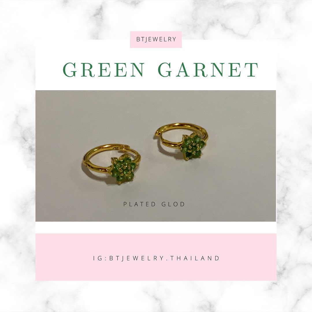Elegant Small Gold Hoops with Vibrant Green Garnet Thai Blossom Cluster - Bijouxteria Jewelry