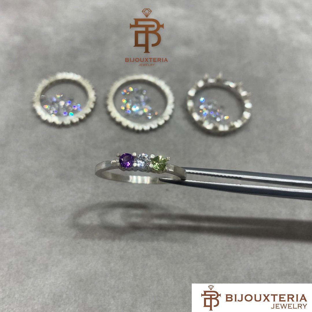 Natural Amethyst, White Zircon & Peridot Three-Stone Ring - 925 Silver White Gold Plated Band
