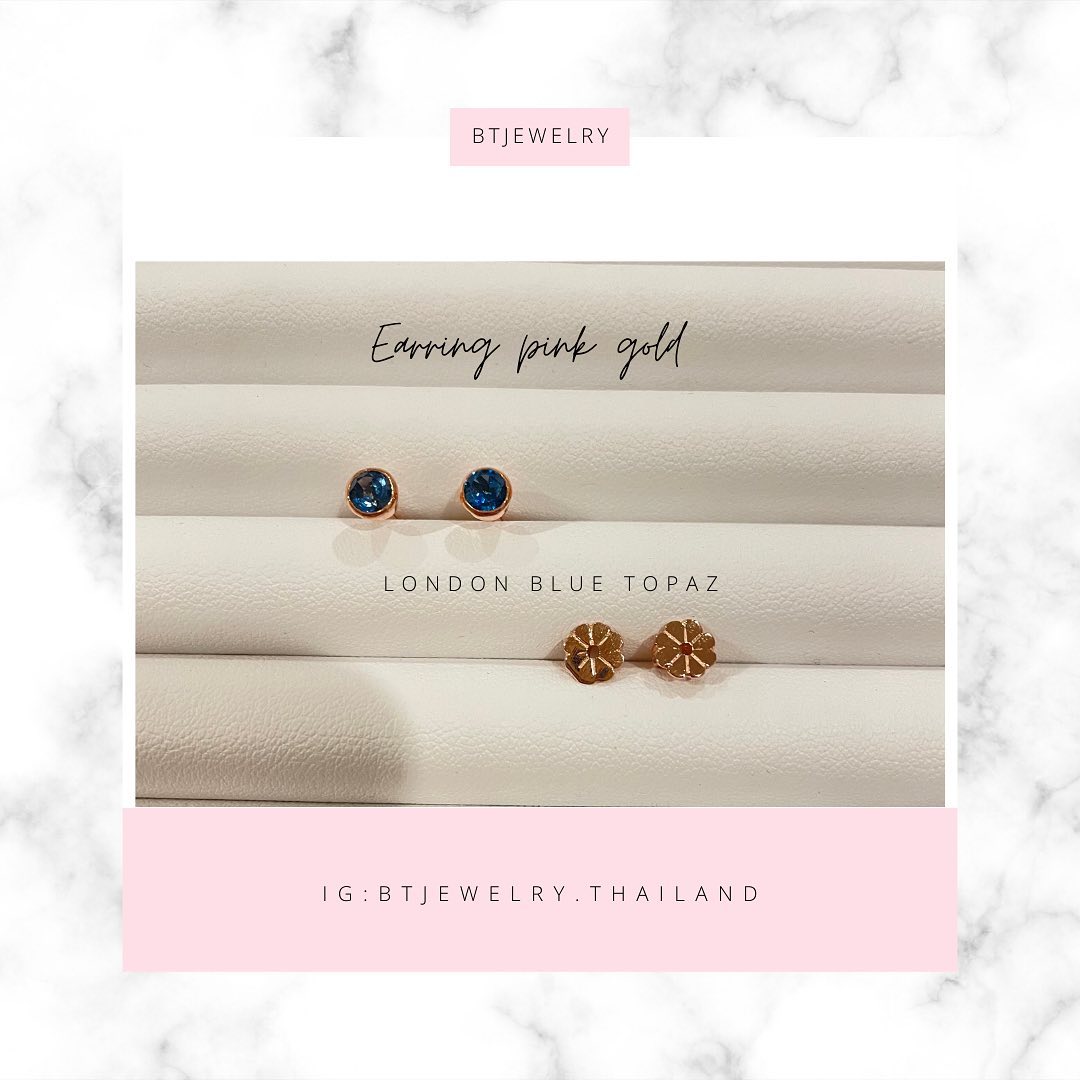 Natural London Blue Topaz Bezel Studs with Detachable Pink Gold Flower Jackets