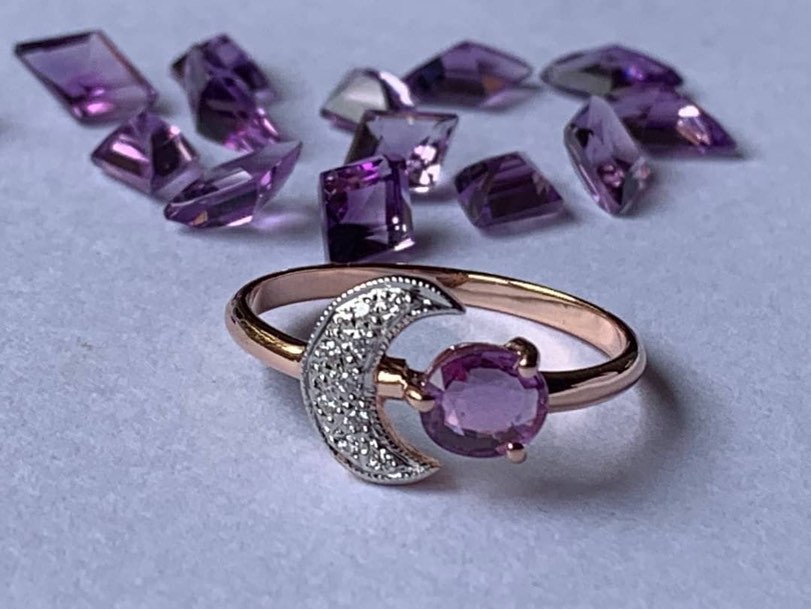 Natural Oval Gemstone & Crescent Moon Bypass Open Ring